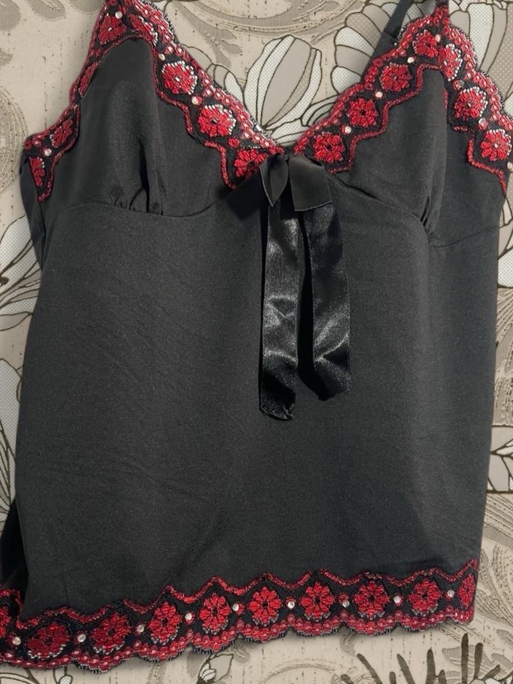 Black Lace-Trim Cami Top with Red Embroidery